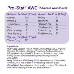 Pro-Stat AWC label close-up highlights lactose-free, gluten-free, soy-free formula