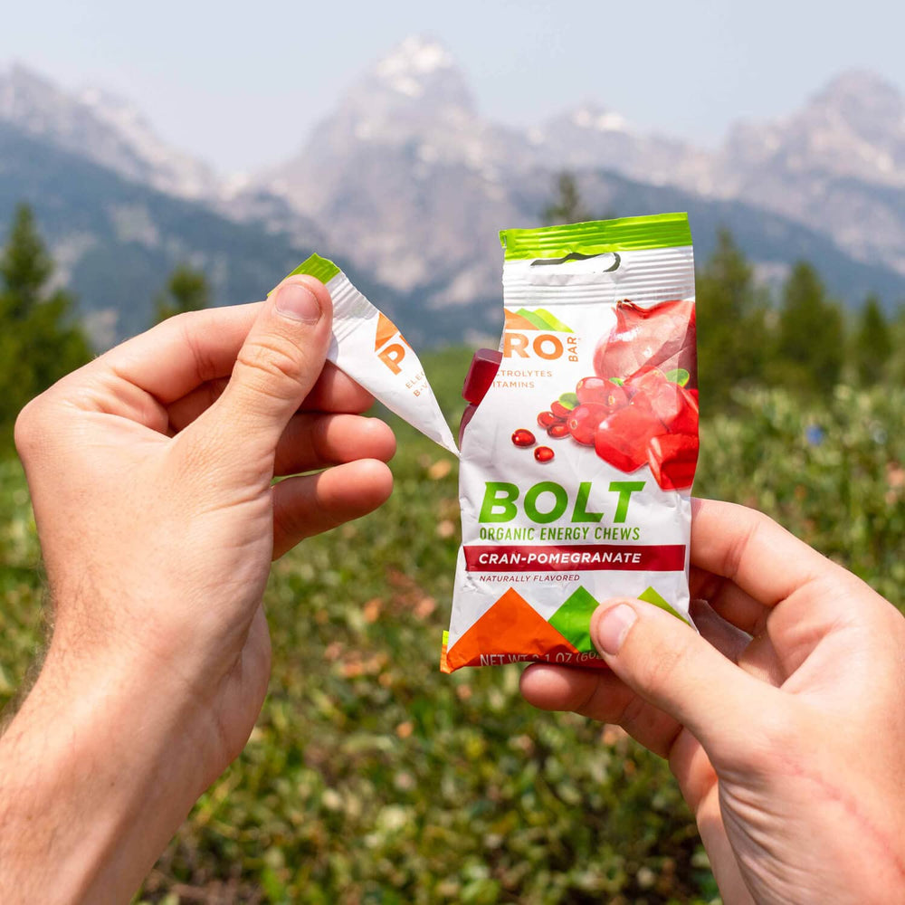 PROBAR Bolt cranberry-pomegranate chew texture closeup for satisfying, long-lasting energy.