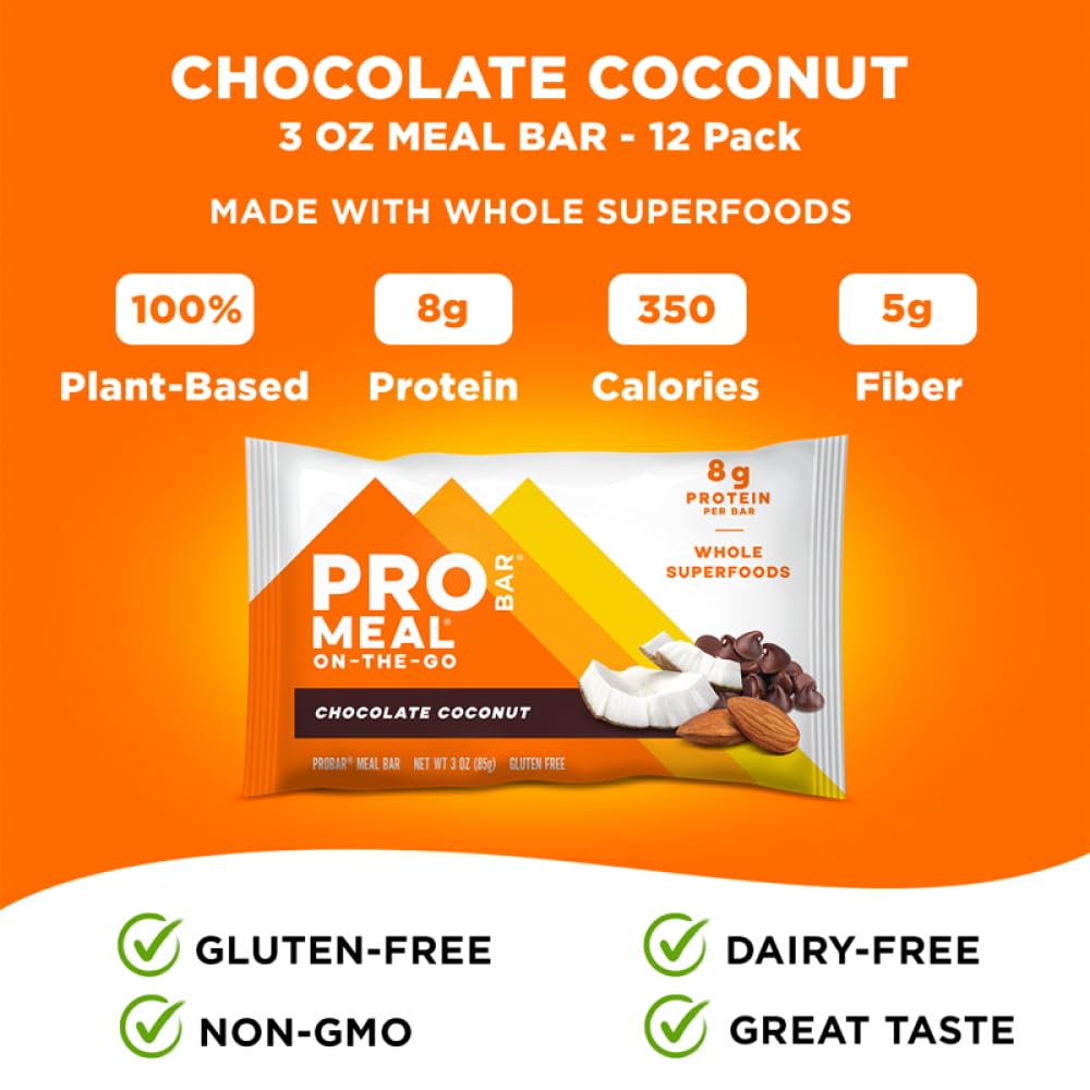 PROBAR MEAL Bar Chocolate Coconut ingredients panel emphasizes plant-based protein.