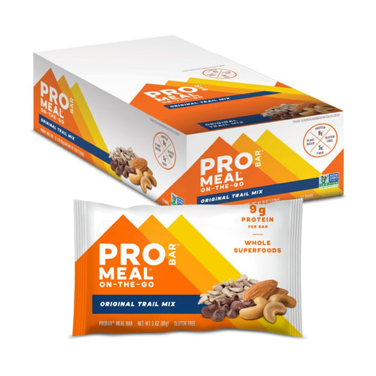 PROBAR MEAL Bar Original Trail Mix pack shot highlighting a gluten-free, plant-based snack.