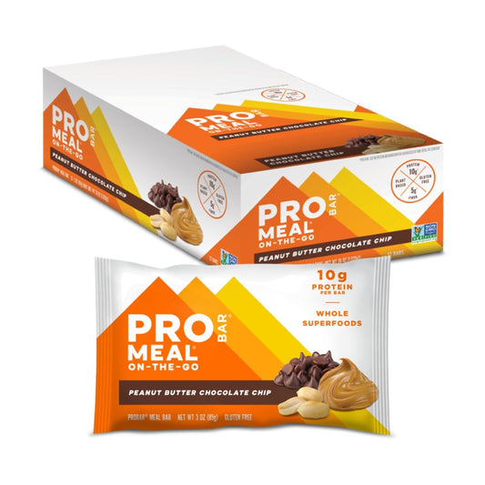 PROBAR Meal Bar Peanut Butter Chocolate Chip unwrap shows wholesome ingredients for a quick, satisfying snack.