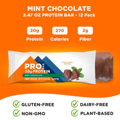 PROBAR Mint Chocolate Bar nutrition panel highlights 20g protein and 2g fiber.