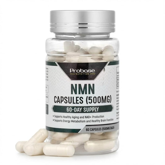 Probase Nutrition Longevity Pure NMN Capsules bottle highlighting daily energy support