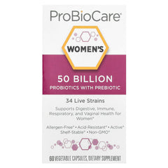 ProBioCare women's probiotic bottle with label visible, supports daily digestive balance