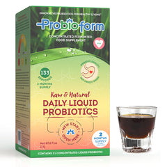 Probioform bottle label shows live cultures for daily gut support.