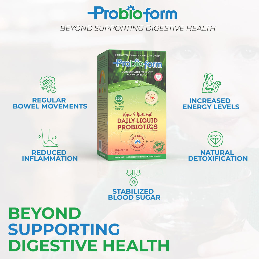 Probioform live cultures blend showing L. casei and L. lactis for digestion support.