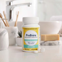 Nightly dental routine with ProBiora Health tablets.