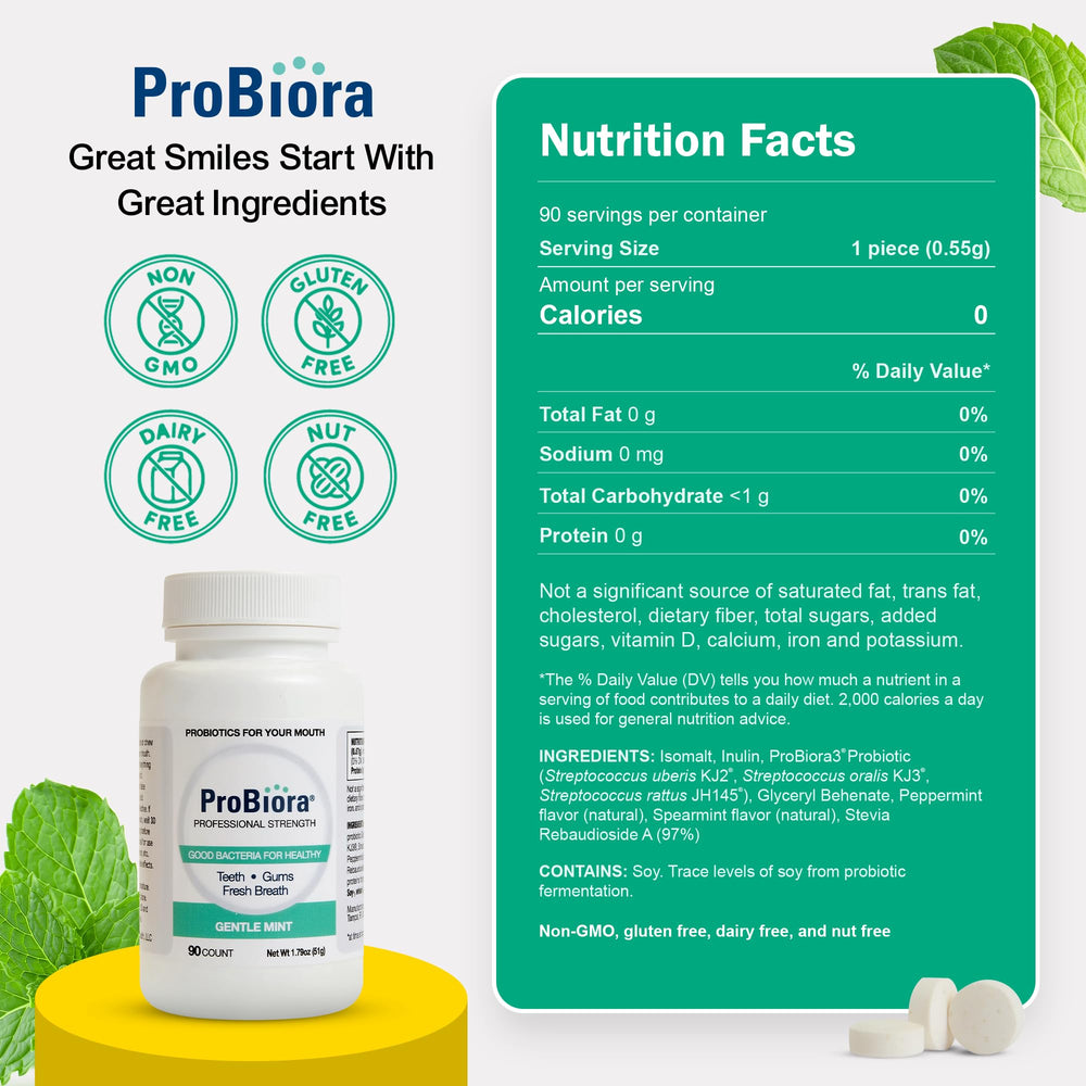 Probiora Health tablets releasing low-dose hydrogen peroxide for subtle whitening.