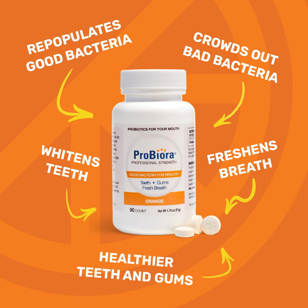 Close-up of orange ProBiora Professional Strength tablets highlighting texture and color.