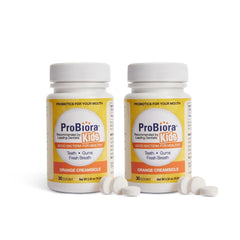 ProBiora Kids oral-care tablet dissolves at bedtime to support fresher breath and whiter teeth.