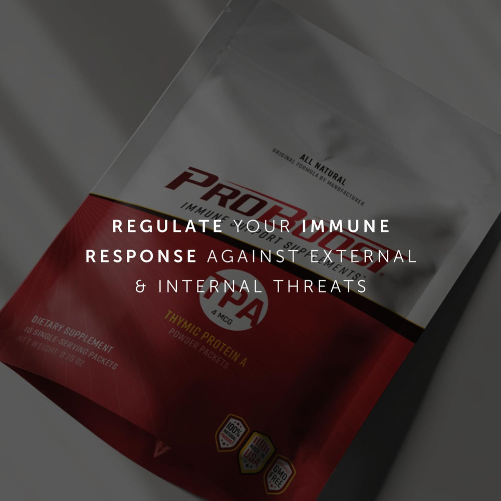 ProBoost Thymic Protein A packets with non-GMO label, quality assured.