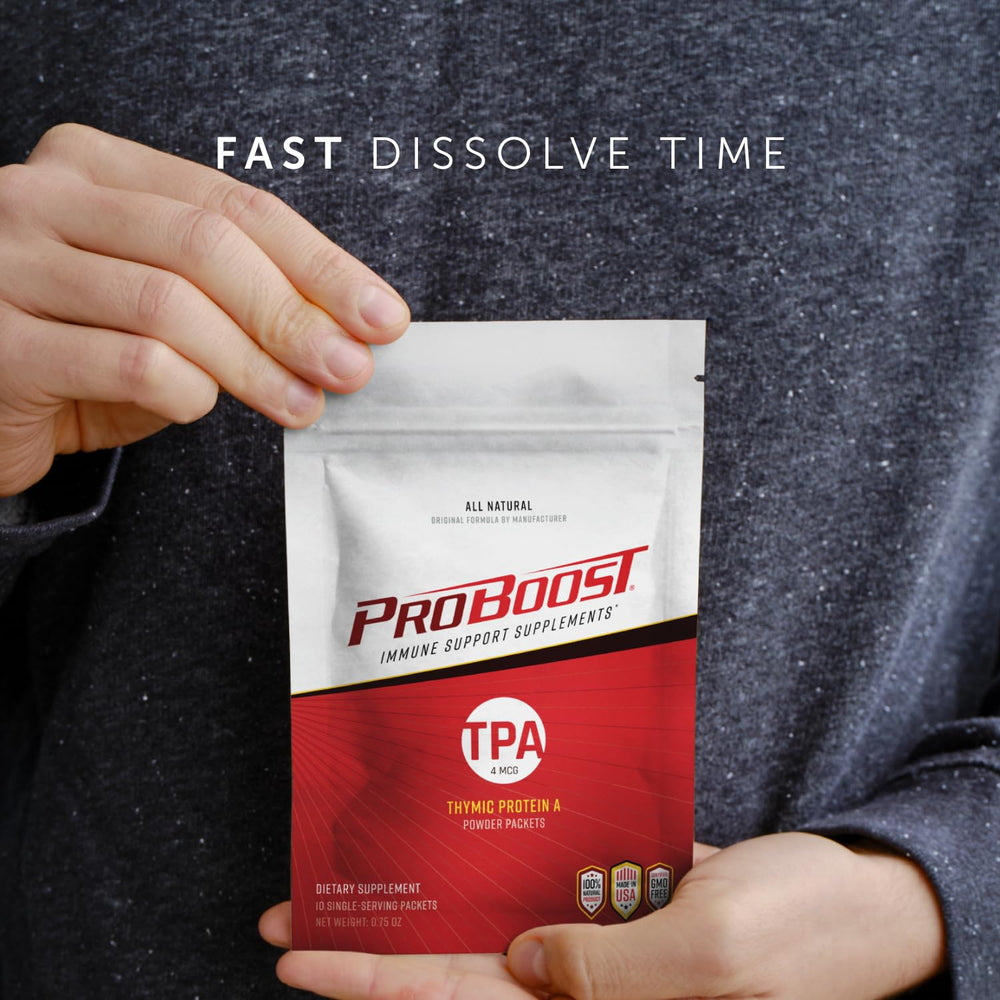 ProBoost Thymic Protein A packets illustrating WBC concept.