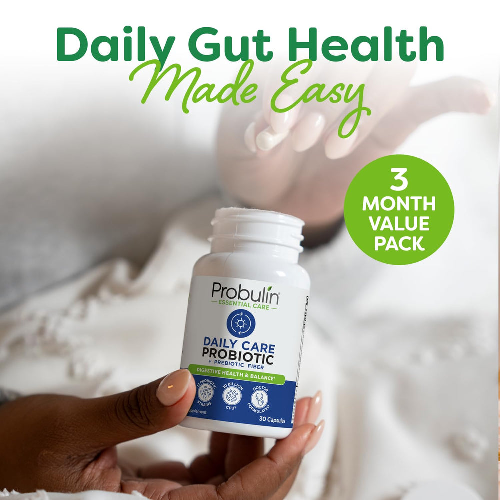 Probulin Daily Care vegan capsules close-up emphasizing plant-based probiotic blend.