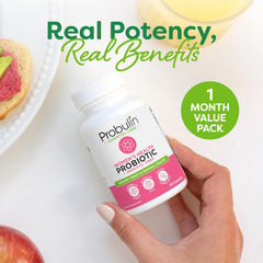 Probulin probiotic bottle with dosing image suggests easy daily use.