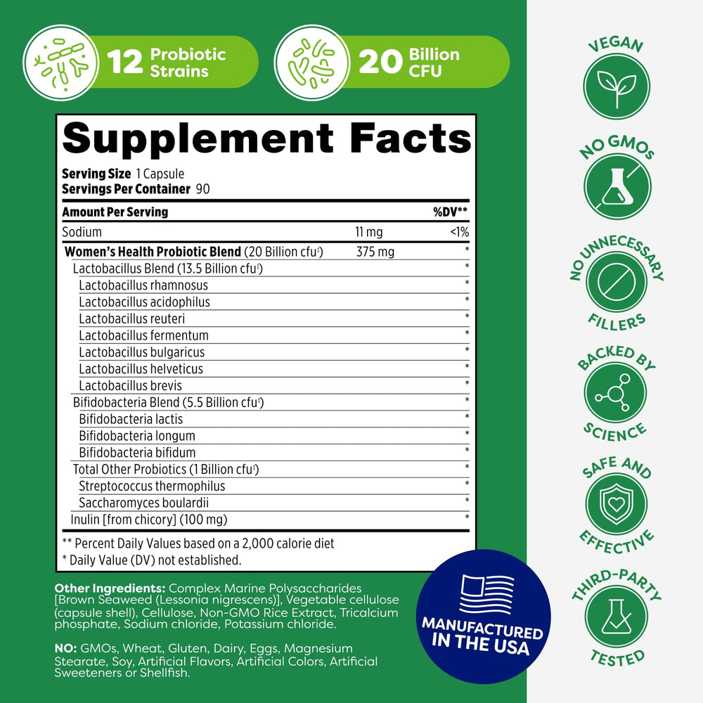 Probulin Women's Probiotic Made in USA badge signaling quality and safety.
