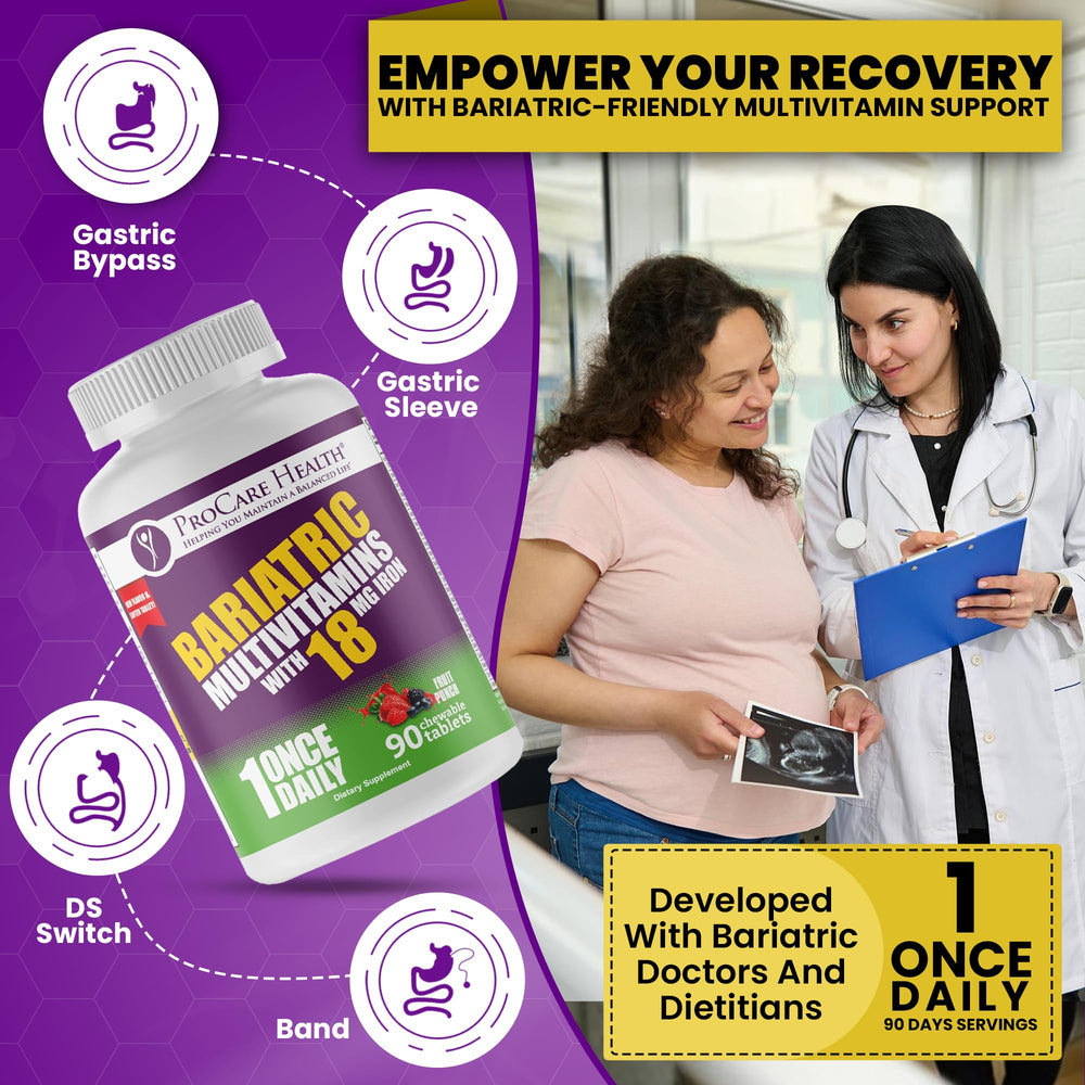 Tablets of ProCare Health bariatric chewy multivitamin in fruit punch flavor support easy daily nutrition adherence