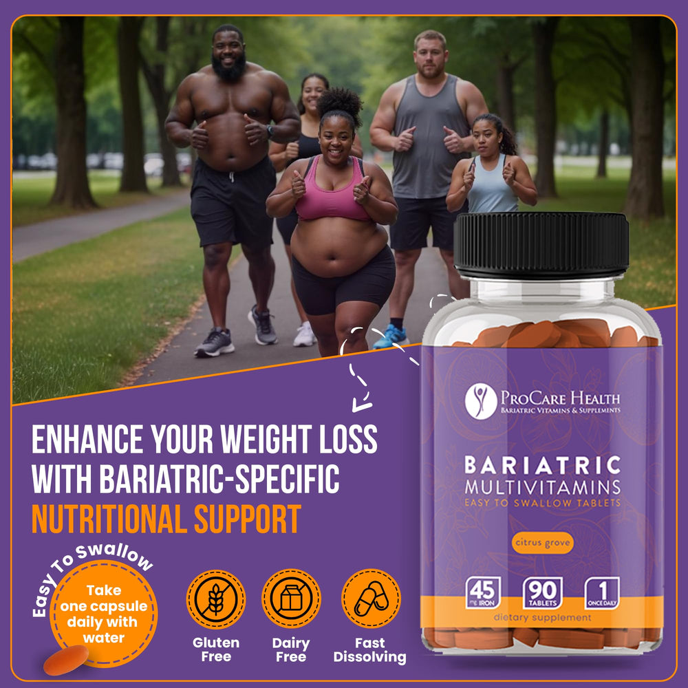 Bottle pour scene of ProCare Health bariatric multivitamin with iron 45mg.