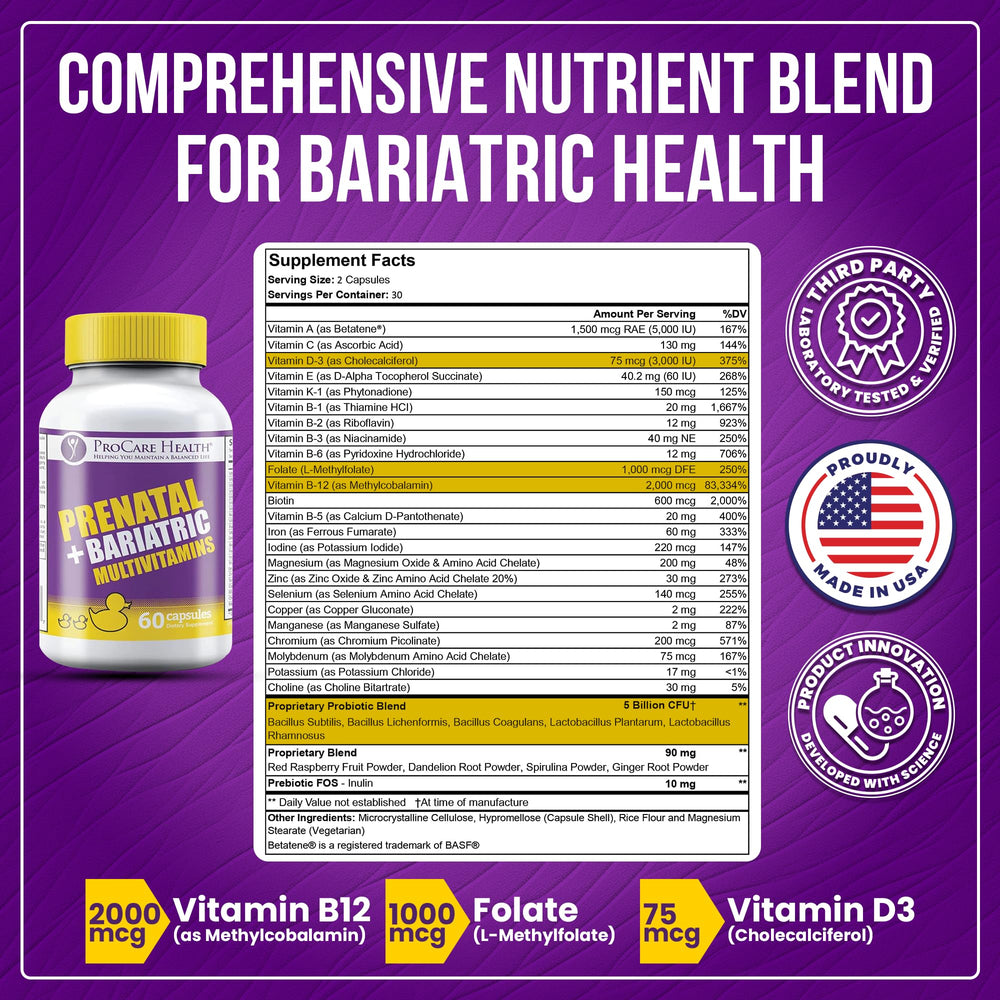 ProCare Health prenatal bariatric multivitamin capsules close-up showing iron and folate support