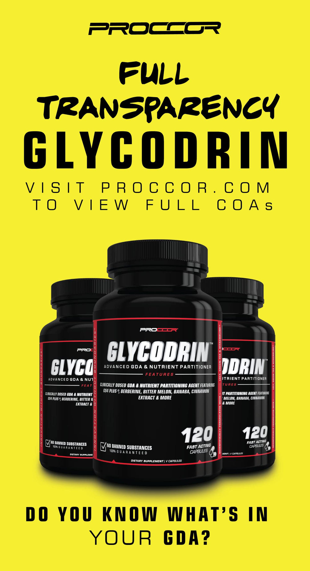 PROCCOR Glycodrin banaba capsules shown with packaging for glucose support
