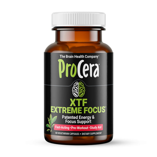 Procera XTF bottle front promotes focused study sessions and mental clarity.