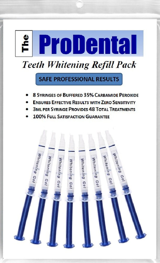 Prodental teeth whitening syringe 8-pack for at-home whitening with precise dosing.
