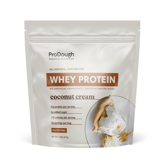 ProDough Gourmet Whey Isolate bottle pour highlights smooth, easy mixing.