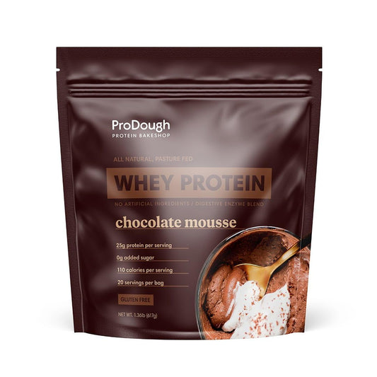 ProDough Gourmet Whey Isolate Chocolate Mousse bag shows gluten-free protein option for smooth shakes