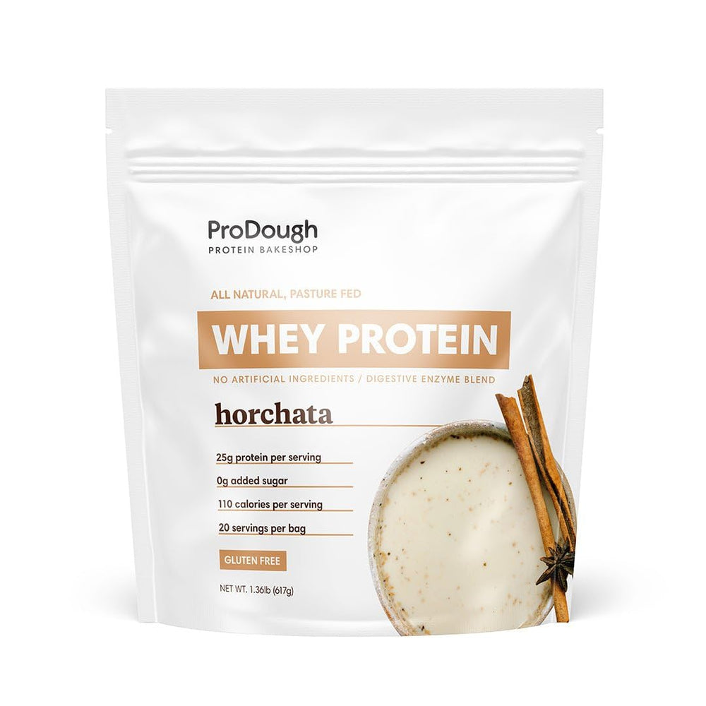 ProDough Horchata whey isolate bottle pour for quick protein shakes