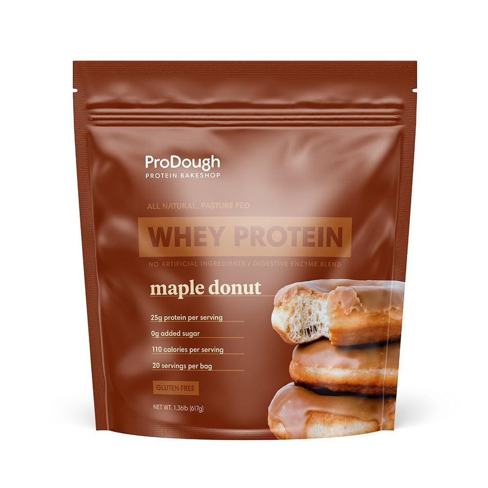 ProDough Maple Donut jar shows premium protein for on-the-go shakes.