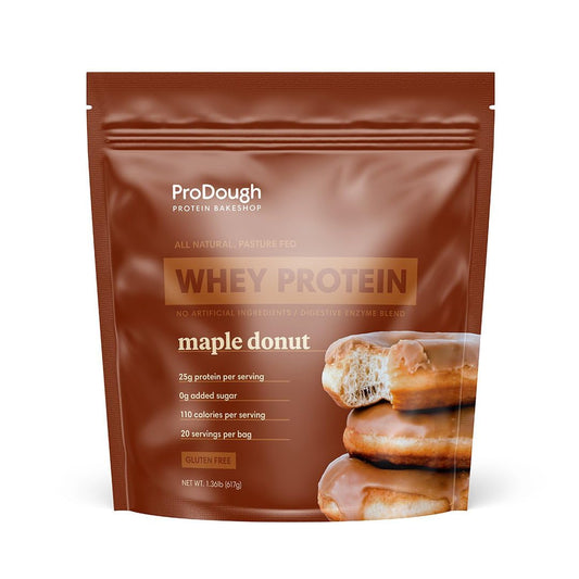 ProDough Maple Donut jar shows premium protein for on-the-go shakes.