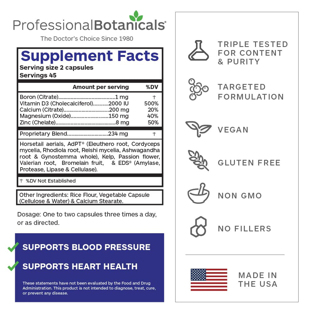 Professional Botanicals label shows D3 and zinc chelate supporting mineral uptake