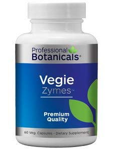 Professional Botanicals Vegie Zymes bottle shown on a kitchen counter supports comfortable digestion after meals