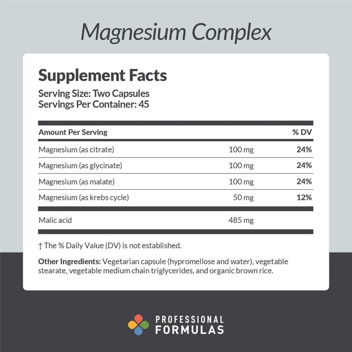 PROFESSIONAL COMPLEMENTARY HEALTH FORMULAS Magnesium Complex tablets closeup highlights highly absorbable chelates