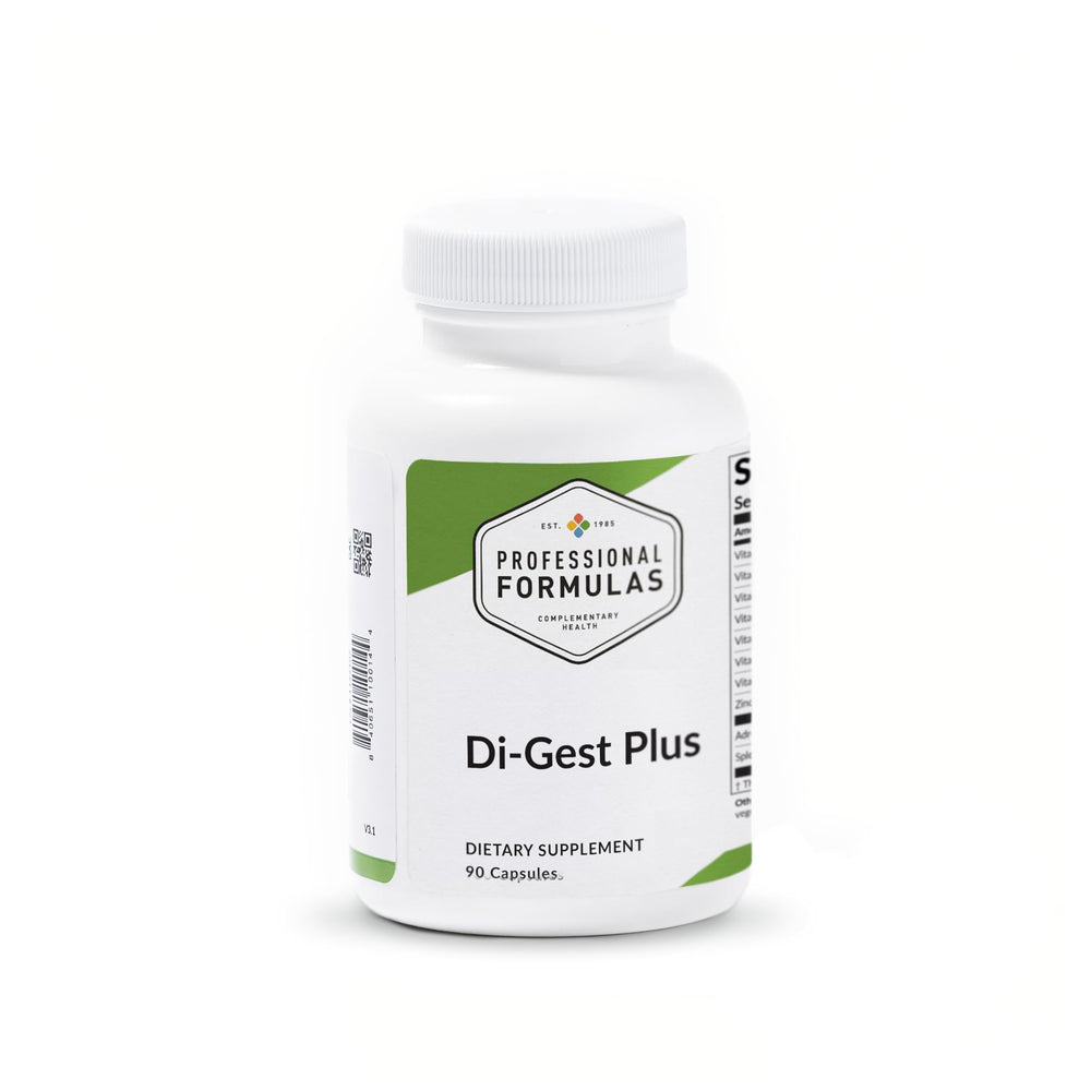 Professional Formulas Di-Gest Plus bottle showing hypoallergenic digestion support and enzyme blend.