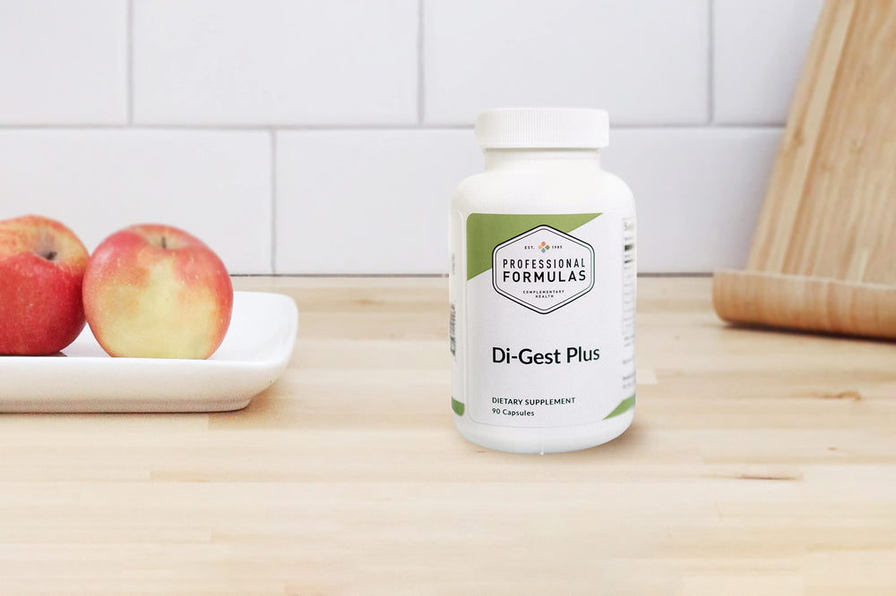 Di-Gest Plus capsules image highlighting enzymes for improved nutrient absorption.
