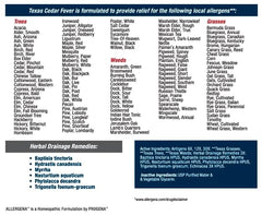 PROGENA Allergena label detail shows herbal blend for cedar fever