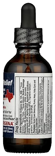 PROGENA Allergena Texas Trees bottle label, gluten-free and non-GMO notes.