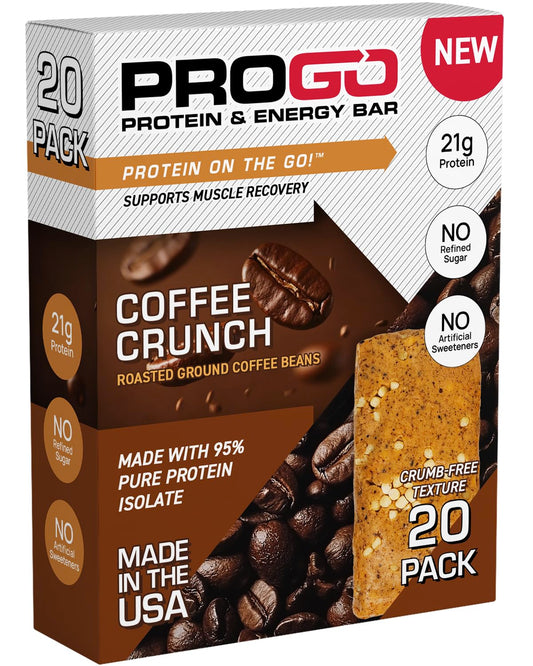 ProGo Coffee Crunch bar packaging highlights real ingredients and energy.