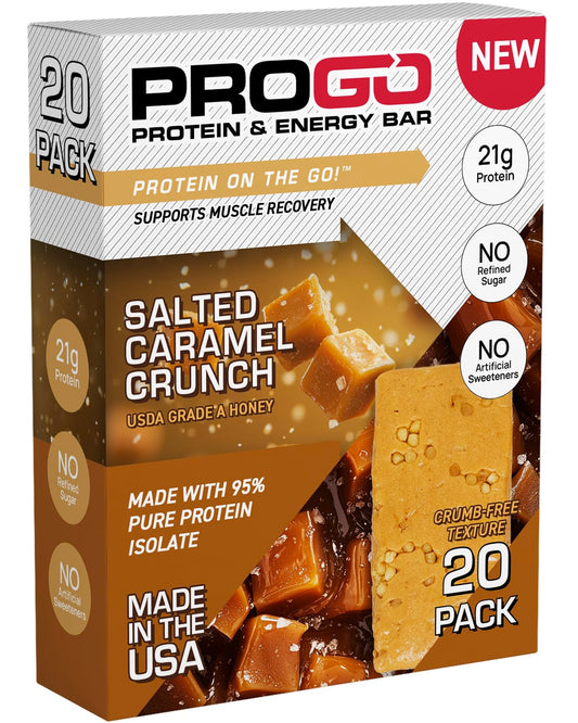 ProGo Protein Bars front packaging shows Salted Caramel Crunch for quick on-the-go energy