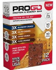 ProGo protein bars packaging shows 21g protein per bar for lasting energy.