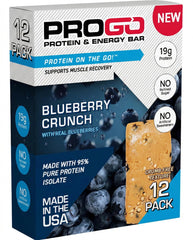 ProGo Blueberry Crunch bar front view shows real ingredients and satisfying energy