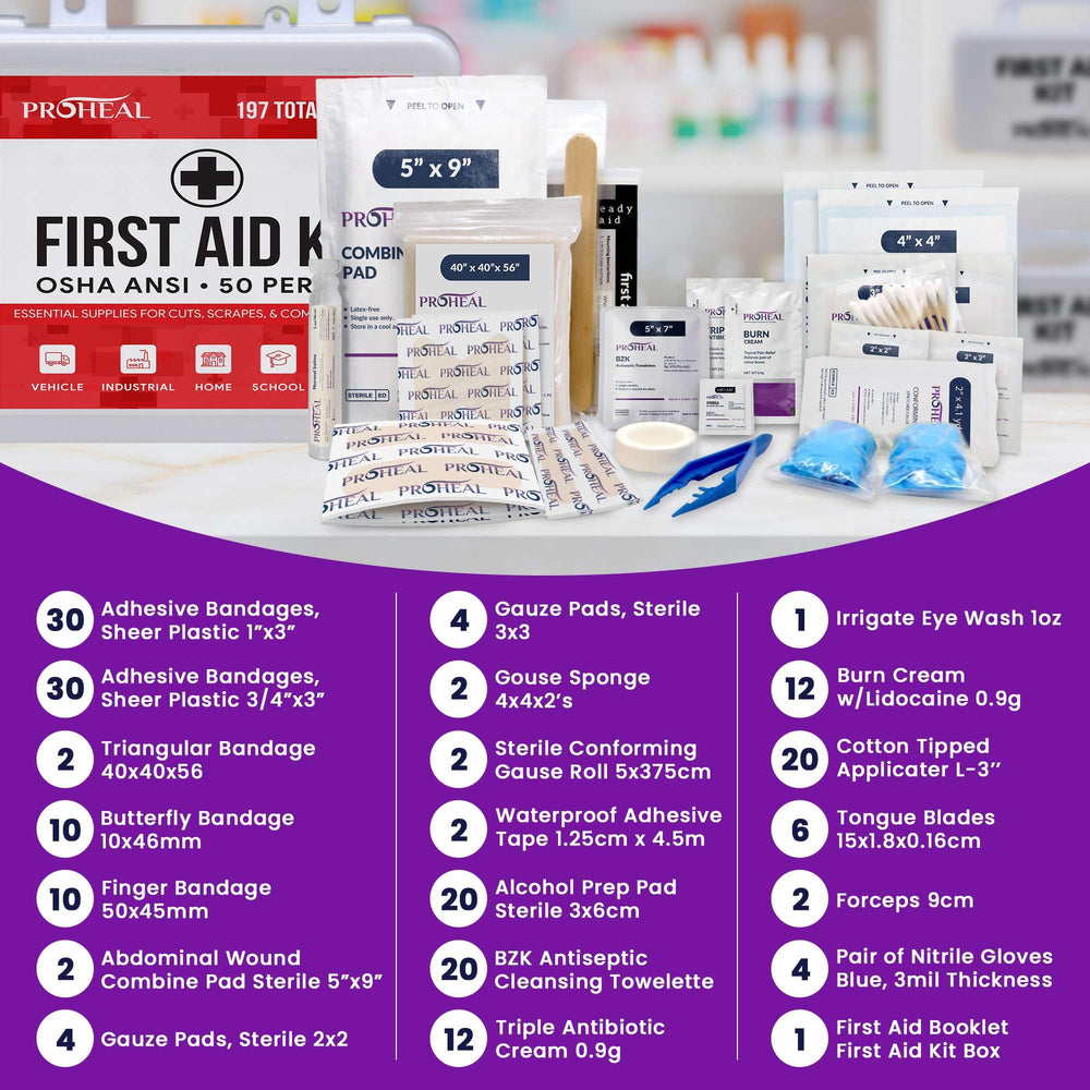 ProHeal 197-piece kit includes gauzes, bandages, antiseptics, and more.