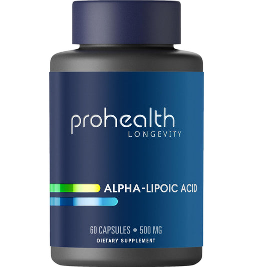 ProHealth Alpha Lipoic Acid bottle showing 60 servings and label detail