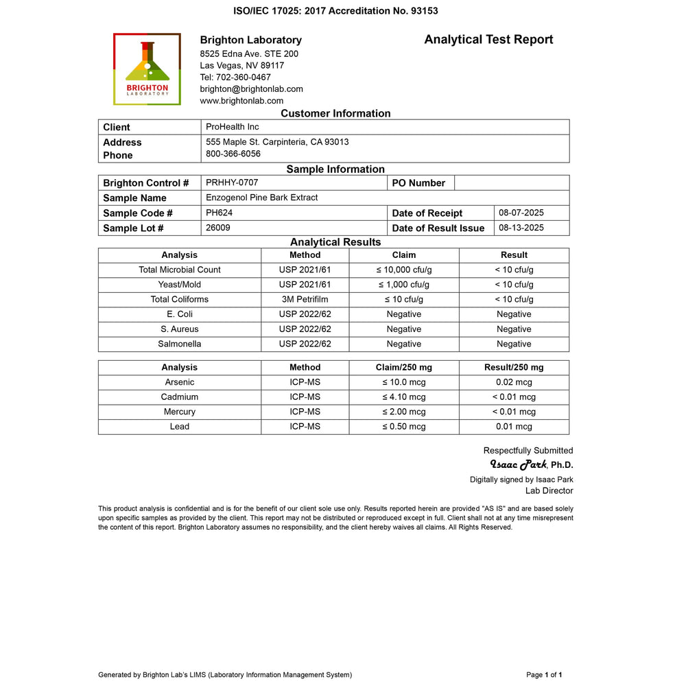 ProHealth Enzogenol pine bark extract with third-party testing transparency.