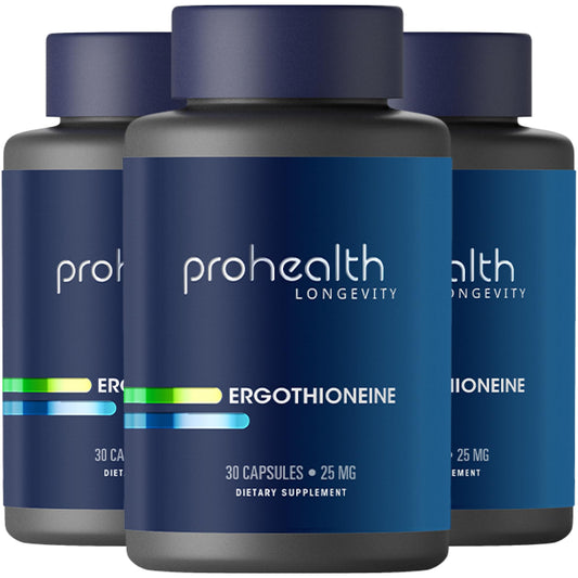 ProHealth Ergothioneine 25mg bottle front view showcasing dosage for longevity support