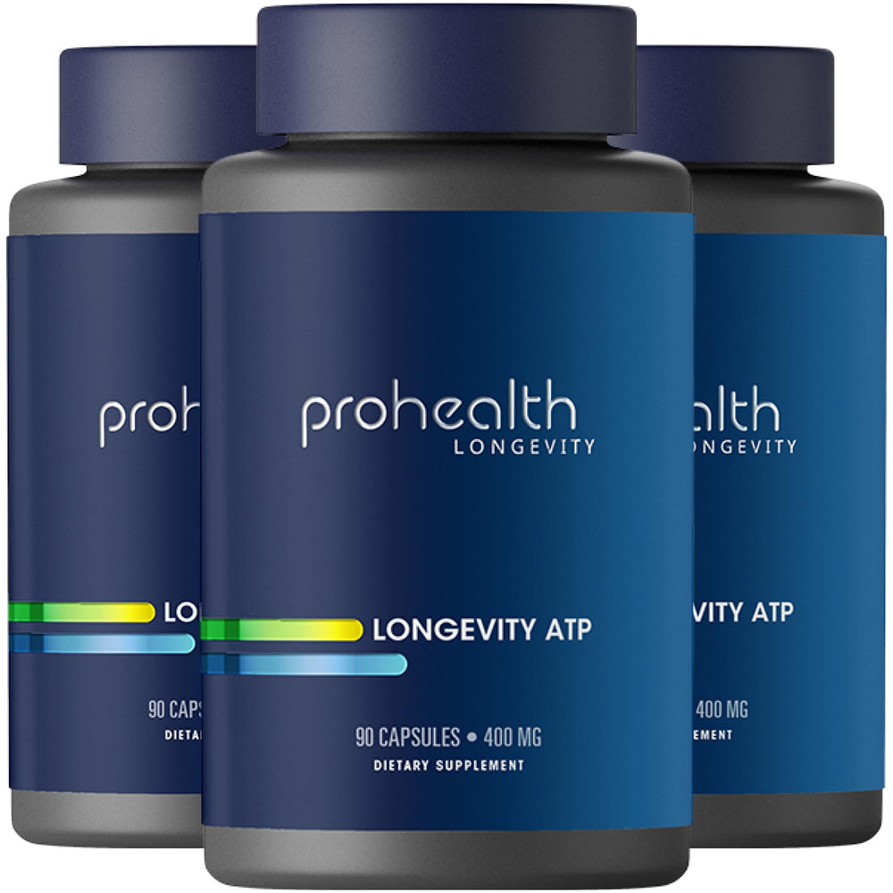 ProHealth Longevity ATP bottle label highlights PeakATP purity for cellular energy.