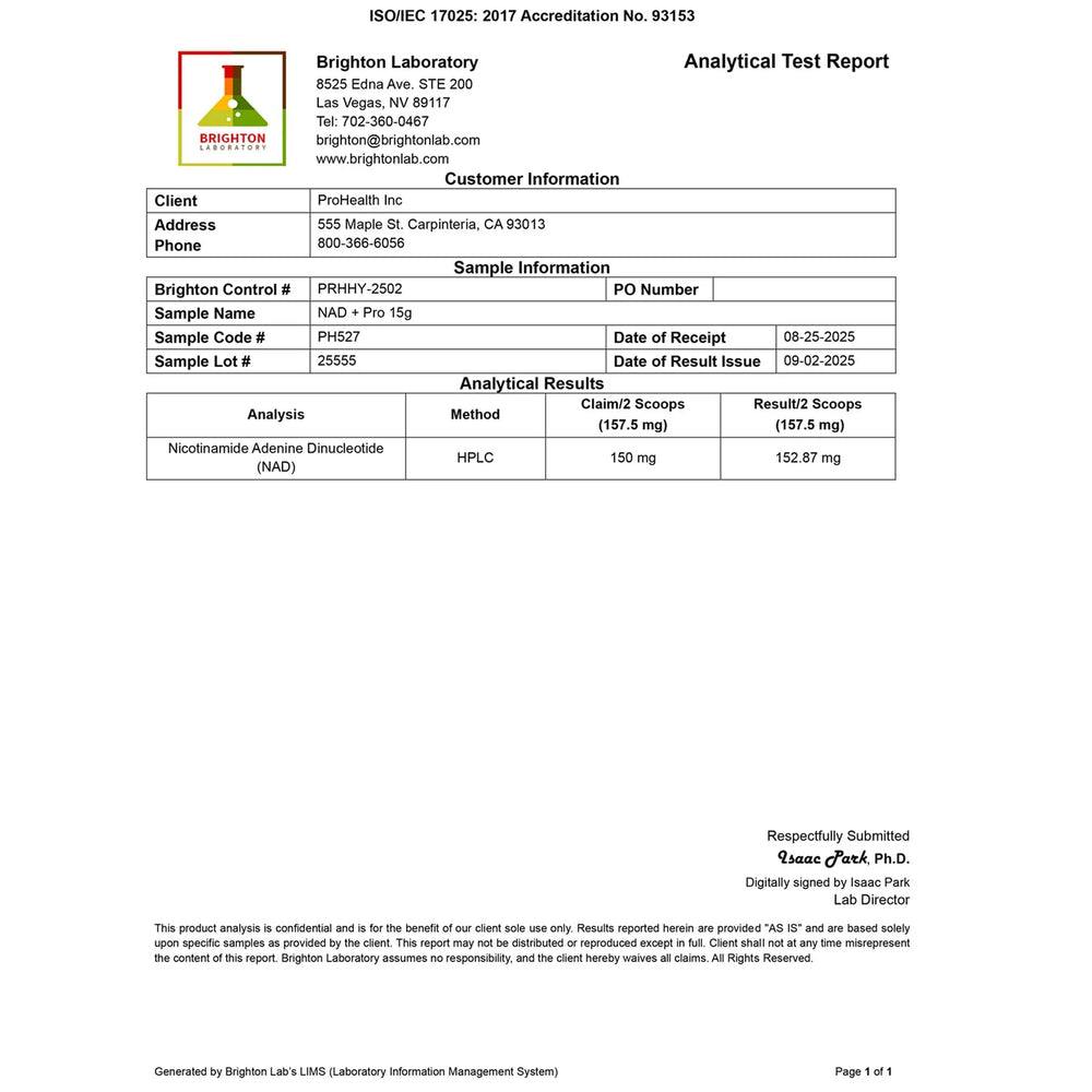 ProHealth NAD+ Pro quality certificates highlight independent testing and full online results.
