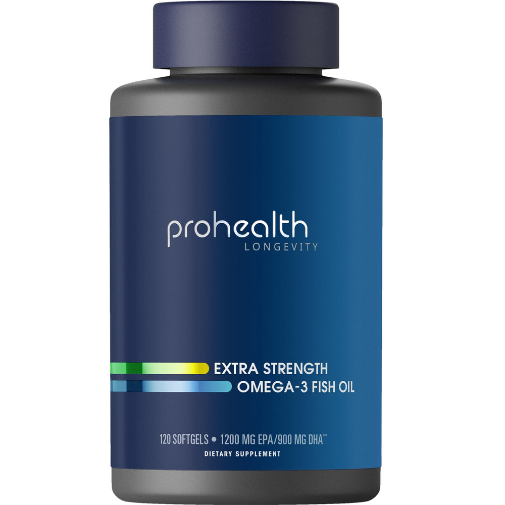 ProHealth Omega-3 bottle with label showing high EPA and DHA content.