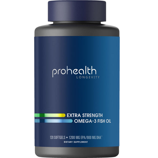 ProHealth Omega-3 bottle with label showing high EPA and DHA content.