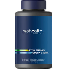 ProHealth Omega-3 bottle with label showing high EPA and DHA content.